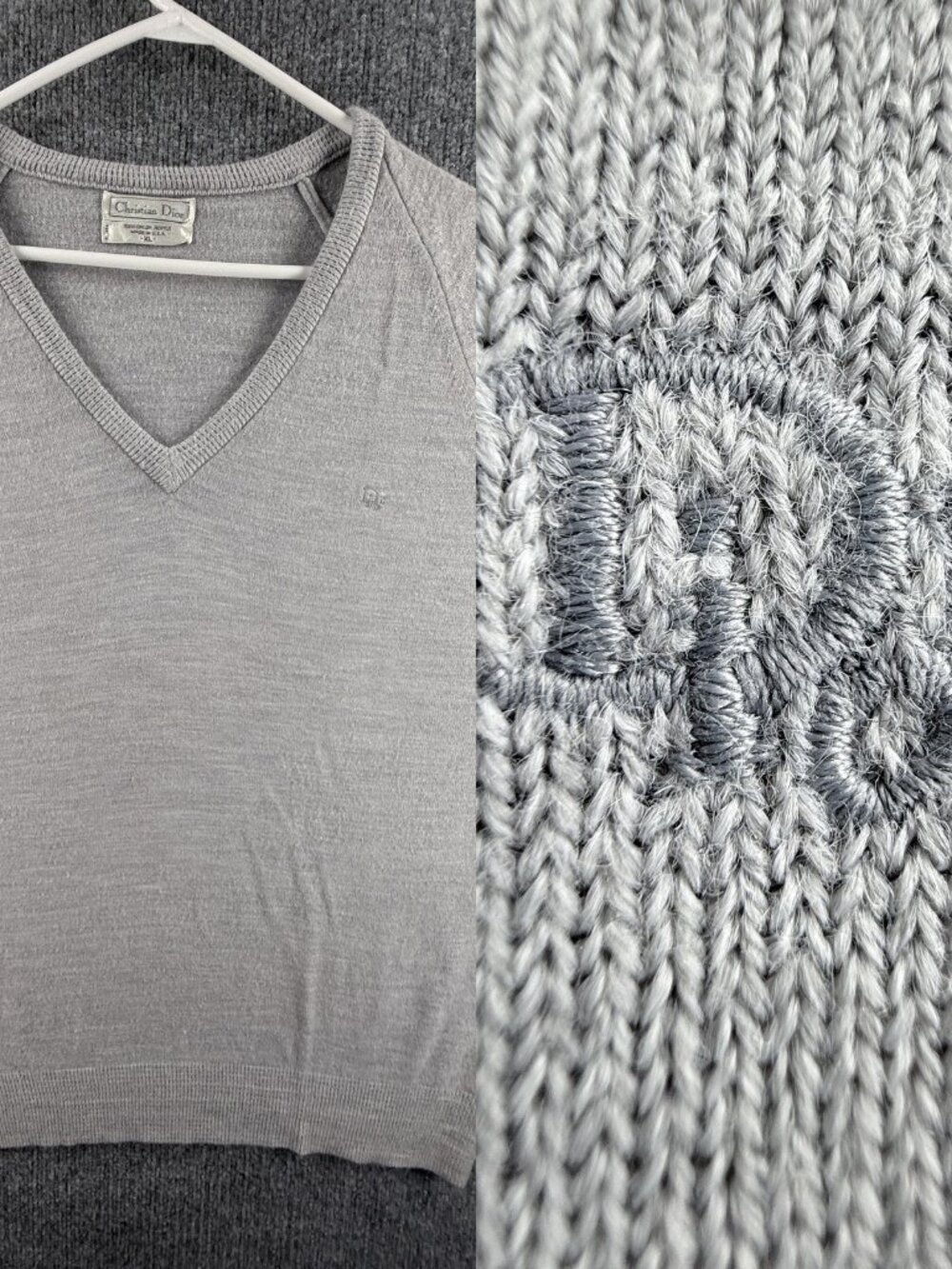 VTG Christian Dior Logo Sweater USA Soft V-Neck Pullover Acrylic XL Gray Knit